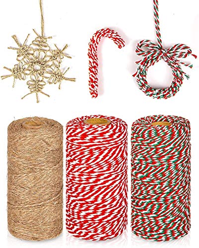 KAHEIGN 3Pcs Christmas Jute Strings and Cotton Twine Rolls, 984 Feet Red White Green Cotton String Jute Twine Wrapping Rope Cord for Xmas DIY Cra
