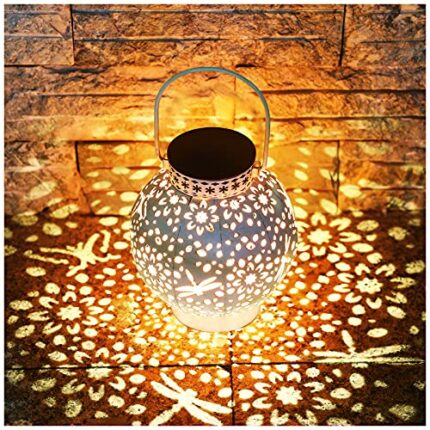 KOOPER Solar Lanterns Outdoor, Metal Hanging Solar Garden Lights with Vintage White Finish and Dual Color LED, Waterproof Garden Ornaments Lanter