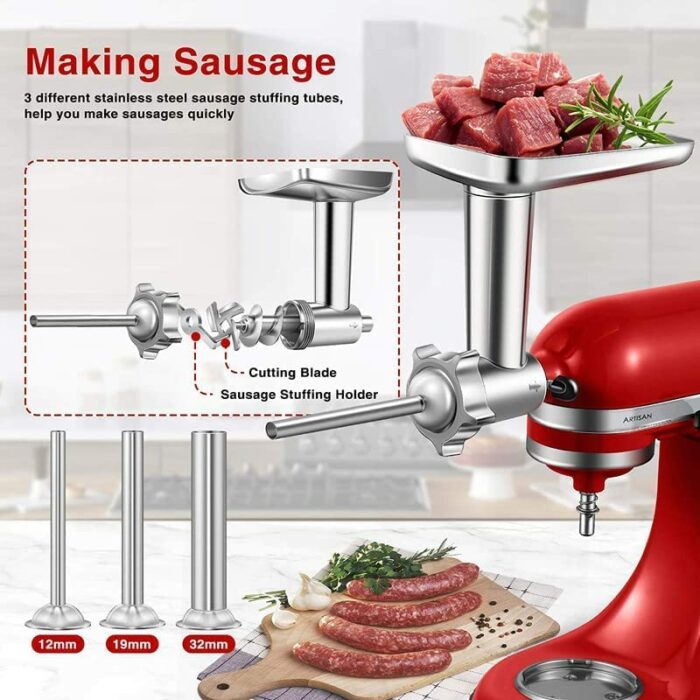 Metal Meat Grinder Accessory for Kitchenaid Stand Mixer, AMZCHEF Meat Mincer Attachment Included 3 Sausage Stuffer Tubes, 4 Grinding Plates, 1 Bu