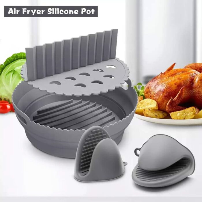 Silicon Air fryer liner, gray round baking tray with spacer and gloves, reusable air fryer liners, Air fryers accessories.