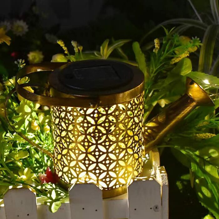 Watering Can Lights, Solar LED Lantern Outdoor Fairy Light Hanging Waterproof Hollowed-Out Design,Decorative Retro Metal Solar Shower Lights for