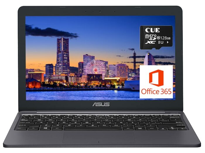 ASUS VivoBook E12 11.6 Zoll HD tragbarer Laptop, Intel Celeron N3350 (bis zu 2.4 GHz), 4 GB RAM, 64 GB eMMc + 128 GB CUE SD-Karte, 1 Jahr Microso