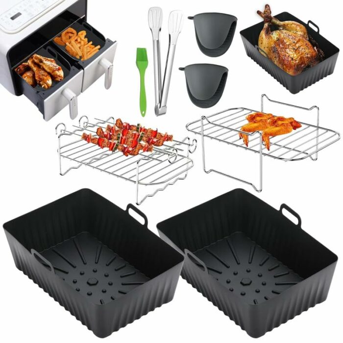 2PCS Silicone Air Fryer Liner for Ninjas Dual 19.5cm Basket Pot Reusable Non-Stick Waterproof Airfryer Baking Mould Food Grade Tray