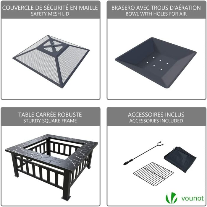 VOUNOT Fire Pit Table with Grate Shelf, 3 in 1 Square Firepit for Heater, Ice Pit, Camping Metal Brazier for Garden Patio Outdoor, with Waterproo