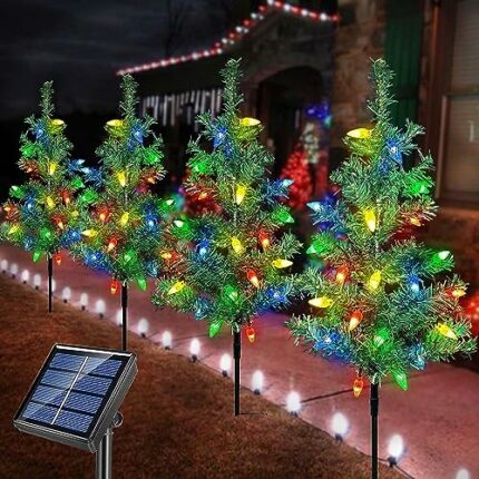 Upgraded 4-Pack Solar Christmas Tree Garden Stake Lights for Christmas Decorations, Solar Christmas Yard Stake Outdoor Waterproof Christmas Pathw
