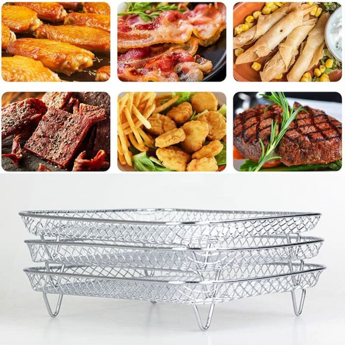 3 Pcs Air Fryer Rack for Ninja, Stackable Square Tower Air Fryer Accessories,304 Stainless Steel Air Fryer Basket with Clips and Oil Brush, for A