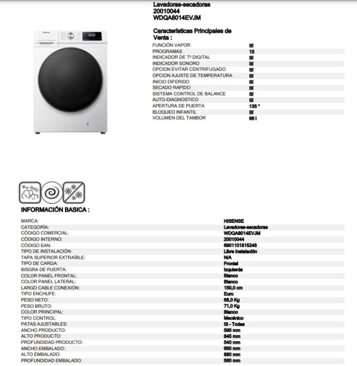 Hisense 8 KG Front Load Washer Dryer WDQA8014EVJM 60cm Freestanding - 1400 RPM - Pure Steam - PureJet - Pause and Add - Inverter Motor - White