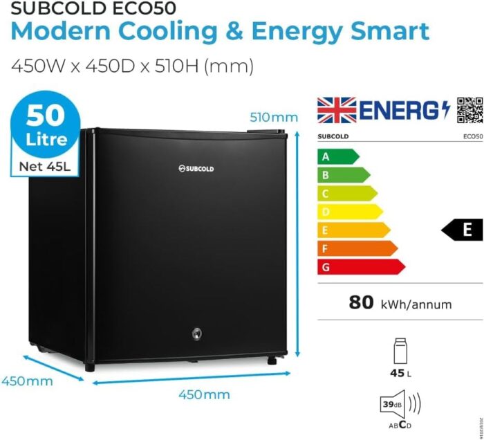 Subcold Eco50 Mini Fridge White Table-Top Model 45L, Black