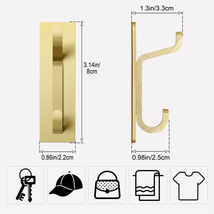 Gold Self Adhesive Hooks: Small Stick On Wall and Door Hooks for Hanging