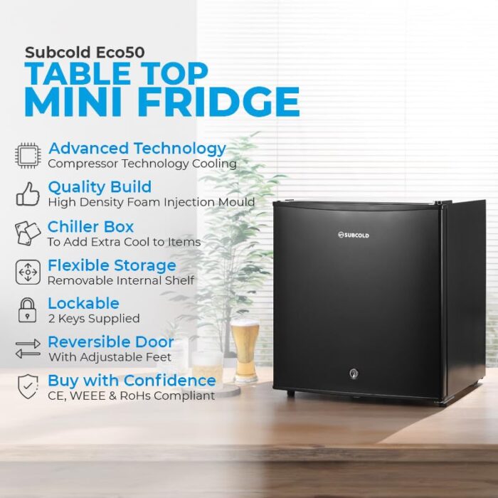 Subcold Eco50 Mini Fridge White Table-Top Model 45L, Black