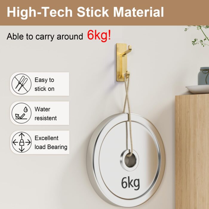 Gold Self Adhesive Hooks: Small Stick On Wall and Door Hooks for Hanging