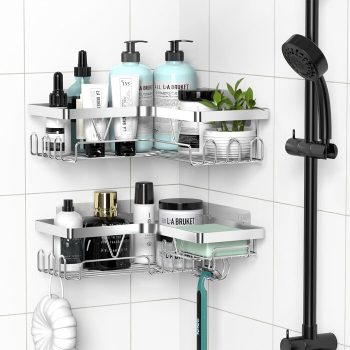 Corner Shower Caddy, Bathroom Shower Organiser, No Drilling Shower Shelf Silver