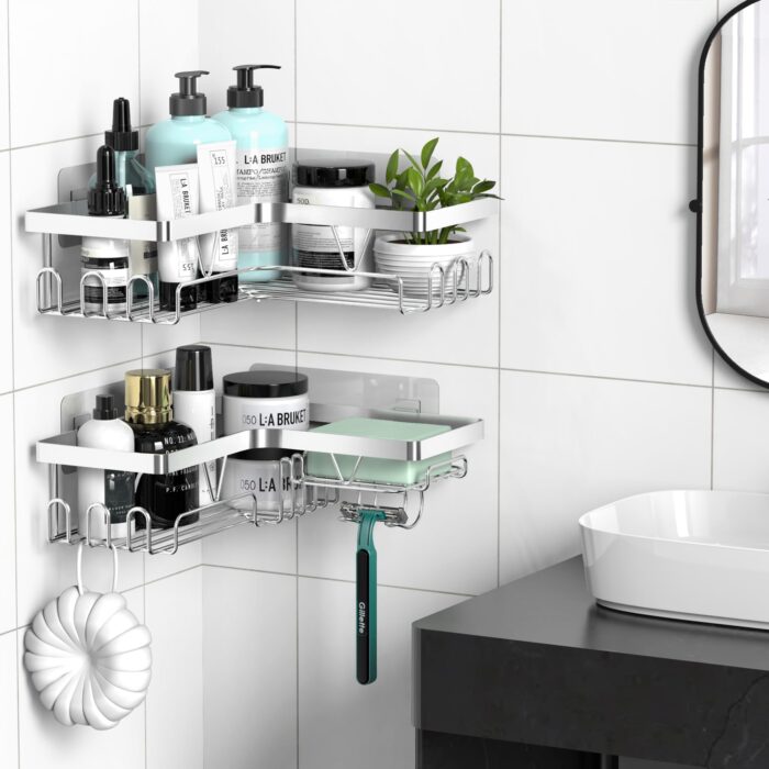 Corner Shower Caddy, Bathroom Shower Organiser, No Drilling Shower Shelf Silver