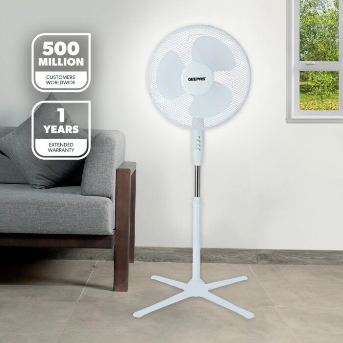 16 Ocillating Pedestal Air Cooling Electric Fan, 3-Speed, Extendable Adjustable Stand, White