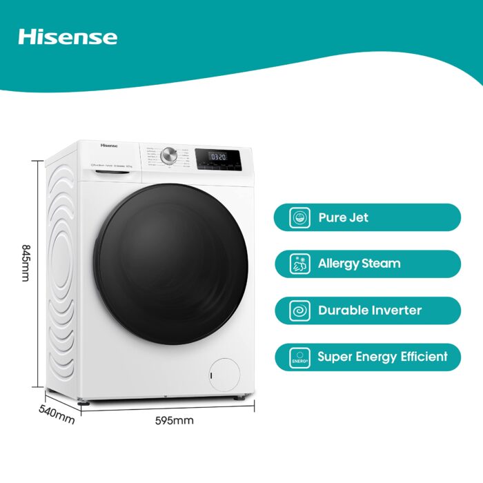 Hisense 8 KG Front Load Washer Dryer WDQA8014EVJM 60cm Freestanding - 1400 RPM - Pure Steam - PureJet - Pause and Add - Inverter Motor - White