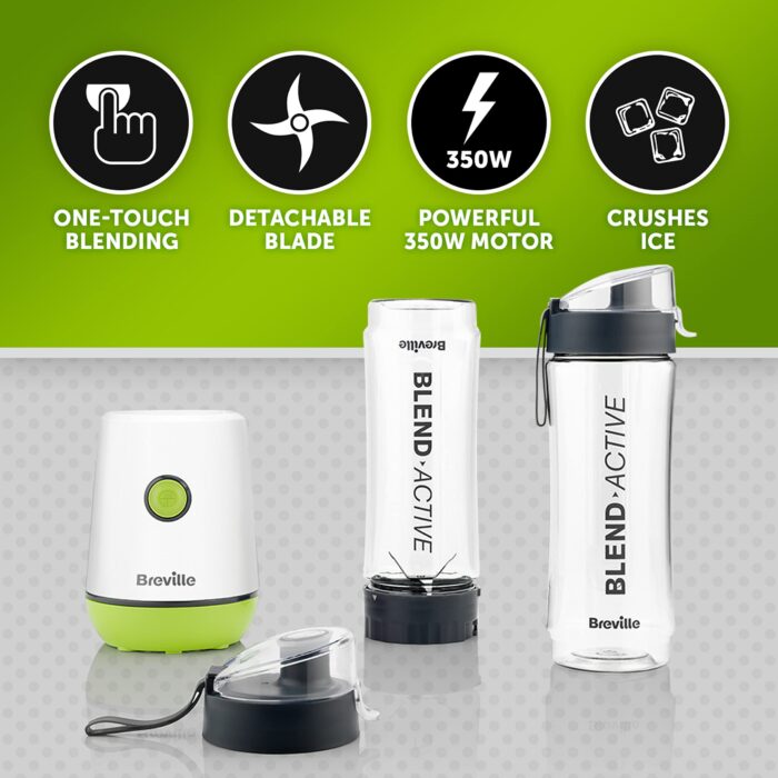 Breville Blend Active Personal Blender & Smoothie Maker 350W | 2 Portable Blend Active Bottles (600ml) Leak Proof Lids | White & Green [VBL246]