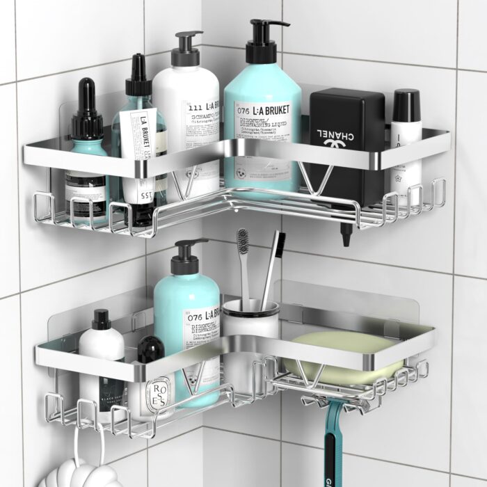 Corner Shower Caddy, Bathroom Shower Organiser, No Drilling Shower Shelf Silver