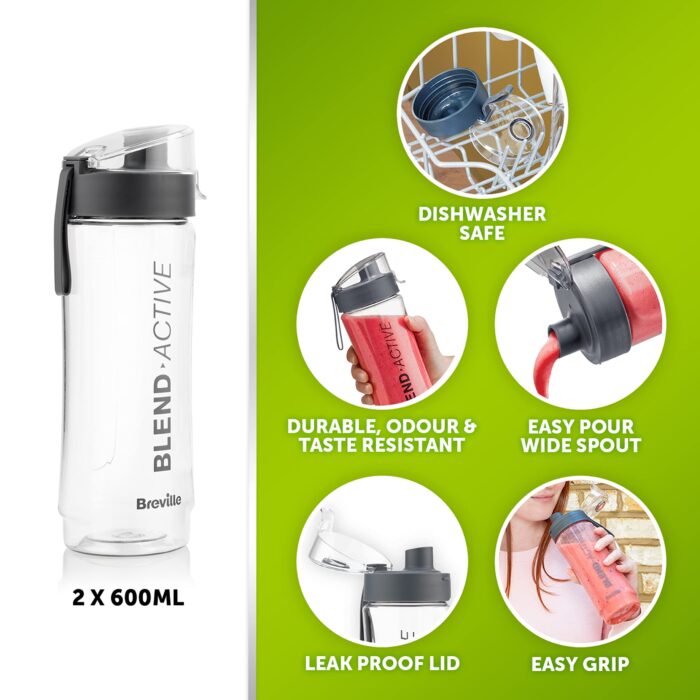 Breville Blend Active Personal Blender & Smoothie Maker 350W | 2 Portable Blend Active Bottles (600ml) Leak Proof Lids | White & Green [VBL246]