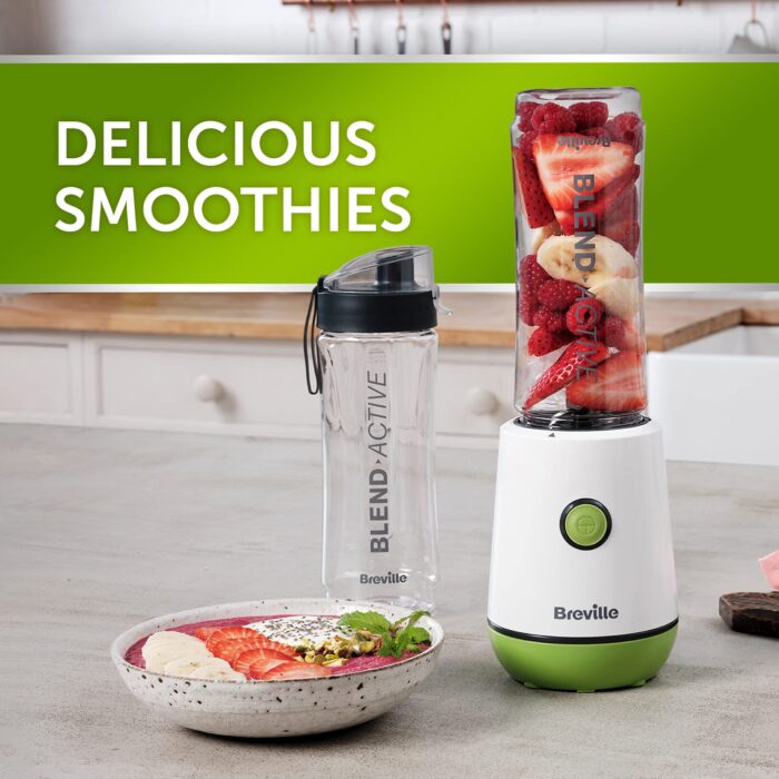 Breville Blend Active Personal Blender & Smoothie Maker 350W | 2 Portable Blend Active Bottles (600ml) Leak Proof Lids | White & Green [VBL246]