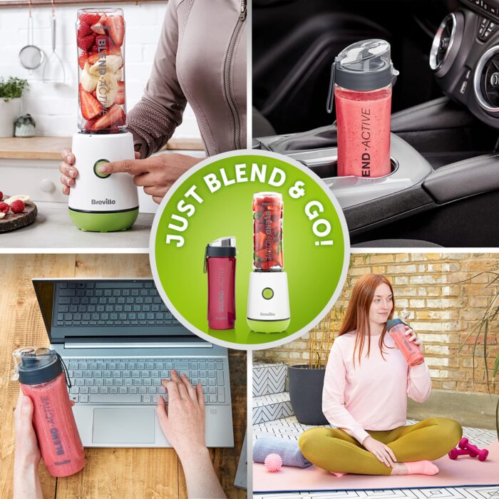 Breville Blend Active Personal Blender & Smoothie Maker 350W | 2 Portable Blend Active Bottles (600ml) Leak Proof Lids | White & Green [VBL246]