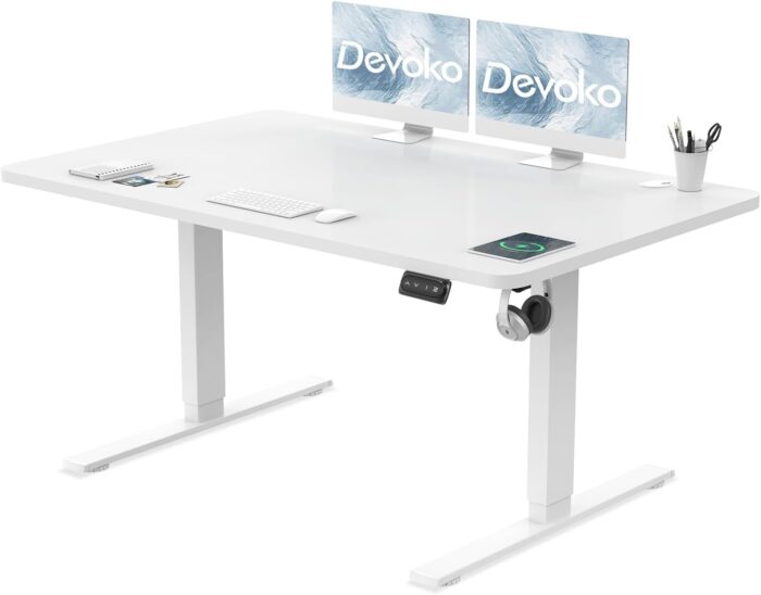 Devoko Electric Standing Desk 120x60cm Sit Stand Table Height Adjustable with Backpack Hook and Memory Smart Pannel, Home Office, White