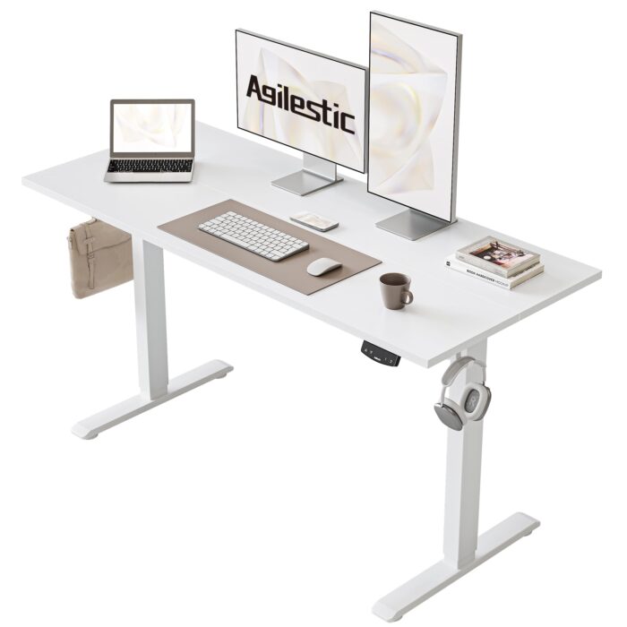 Agilestic Electric Standing Desk, 120 x 60 cm Height Adjustable Sit Stand Desk with Splice Board and Memory Smart Pannel, Home Office Desk, White