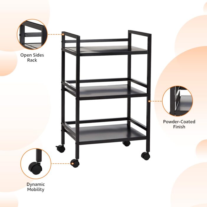 Amazon Basics Kitchen Trolley Metal Serving Cart With 3 Tier Storage, Black
