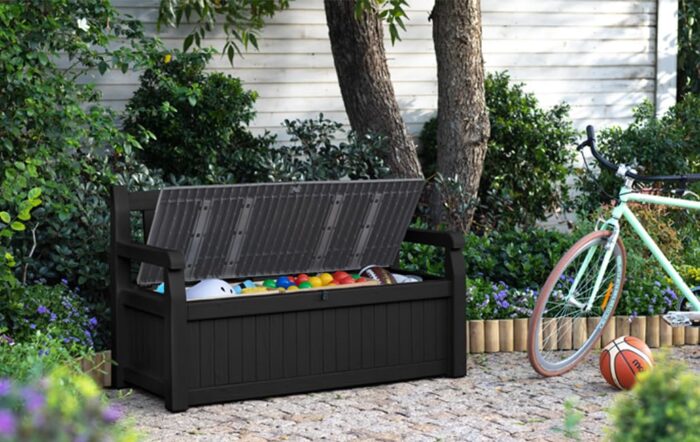 Keter Eden Bench 265L Outdoor 60% recycled Garden Furniture Storage Box GraphiteLight Grey Safe and Secure Zero Maintenance 2 year Warranty
