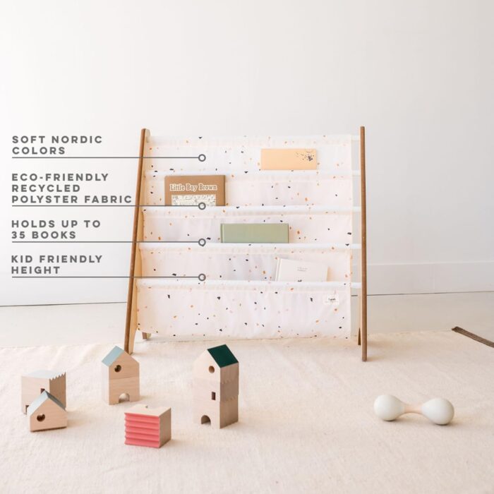 3 Sprouts Recycled Fabric Kids Bookshelf – 4-Tier Sling Book Rack Storage - Bookcase Display Shelf for Toddler, Children Age 3+ - Terrazzo Cream