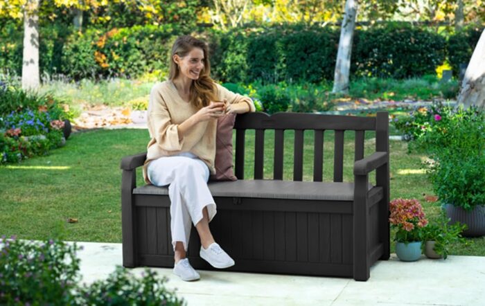 Keter Eden Bench 265L Outdoor 60% recycled Garden Furniture Storage Box GraphiteLight Grey Safe and Secure Zero Maintenance 2 year Warranty