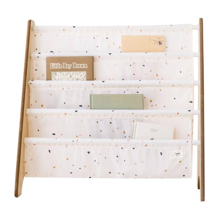 3 Sprouts Recycled Fabric Kids Bookshelf – 4-Tier Sling Book Rack Storage - Bookcase Display Shelf for Toddler, Children Age 3+ - Terrazzo Cream