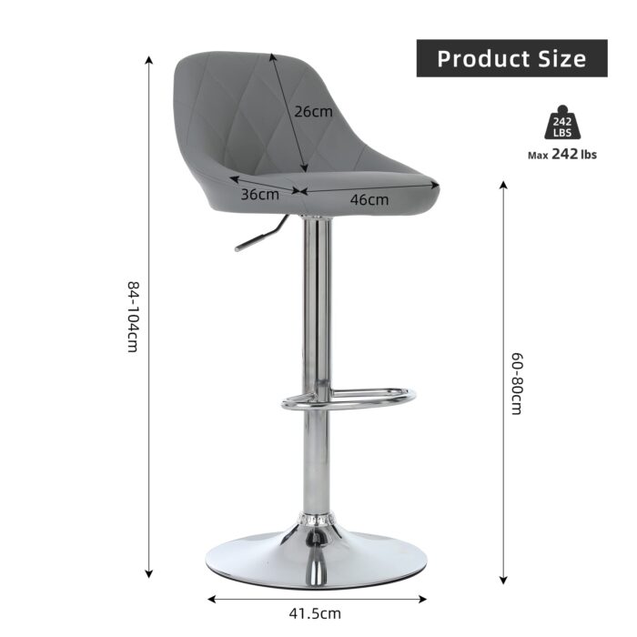 Millhouse Modern Bar Stools Set, Leatherette, Adjustable Swivel Gas Lift, Chrome Footrest & Base for Kitchen, Counter, Breakfast Bar SilverGrey