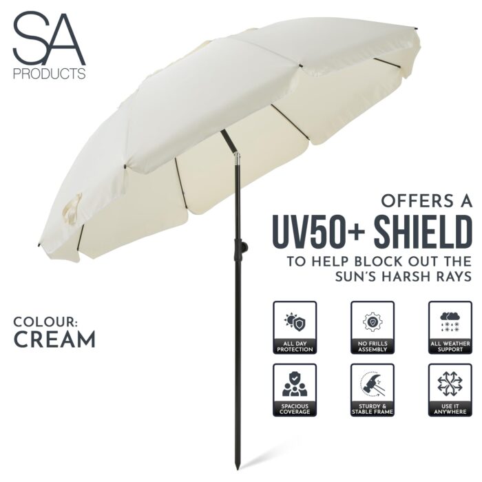 SA Products 2m Garden Parasol - Sun Shades for Garden, Outdoor Beach Umbrella with UV Protection for Patio, Deck, Pool - Cream