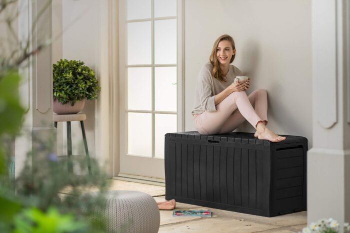 Keter Marvel+ 270L Outdoor 65% recycled Garden Furniture Storage Box Graphite Wood Panel Effect | Fade Free | All Weather Resistant 2 year Warranty