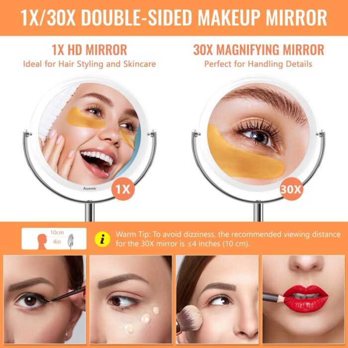 Auxmir 30X Magnifying Mirror with Tweezers, 6.8'' Double Sided 30X/1X Magnifying Makeup Mirror with Stand, 360° Rotation Bathroom