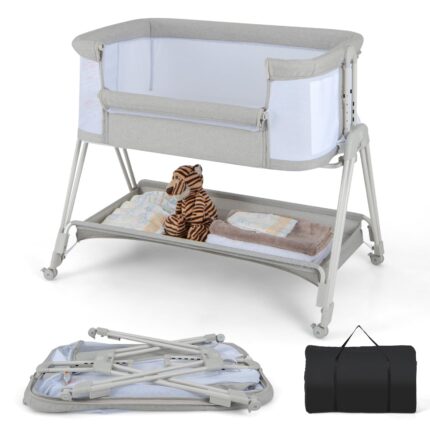 COSTWAY Baby Bedside Crib, Easy Folding Cot Bed with Mattress, All-Side Mesh, Storage Shelf and Travel Bag, Sleeper for Birth to 9kg (Light Grey)