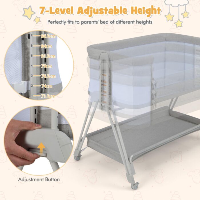 COSTWAY Baby Bedside Crib, Easy Folding Cot Bed with Mattress, All-Side Mesh, Storage Shelf and Travel Bag, Sleeper for Birth to 9kg (Light Grey)
