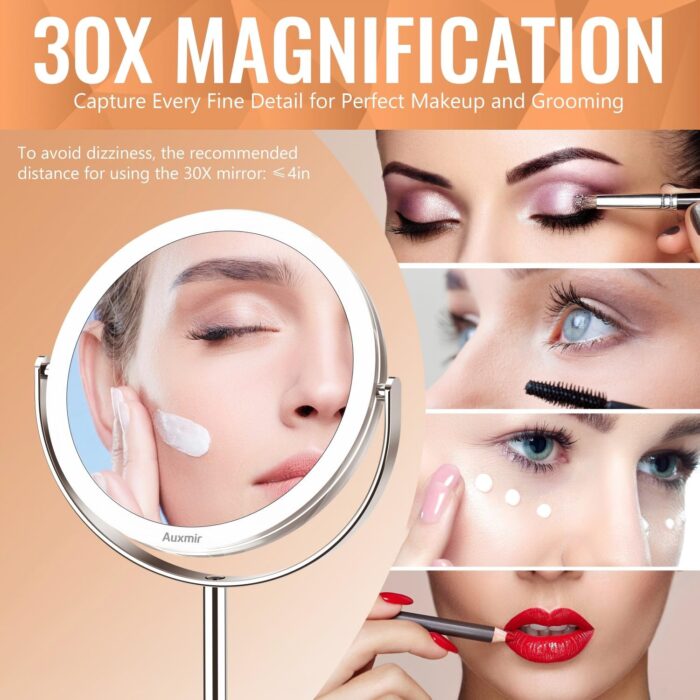 Auxmir 30X Magnifying Mirror with Tweezers, 6.8'' Double Sided 30X/1X Magnifying Makeup Mirror with Stand, 360° Rotation Bathroom