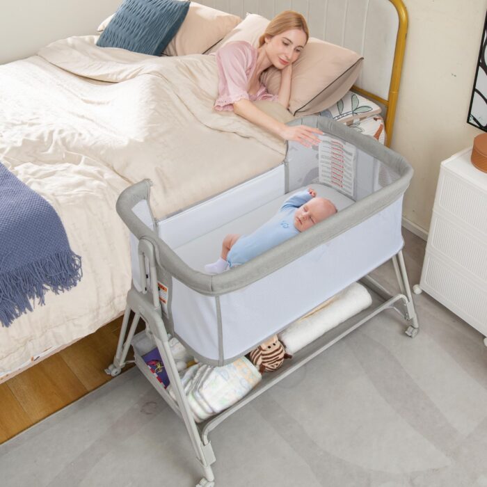 COSTWAY Baby Bedside Crib, Easy Folding Cot Bed with Mattress, All-Side Mesh, Storage Shelf and Travel Bag, Sleeper for Birth to 9kg (Light Grey)