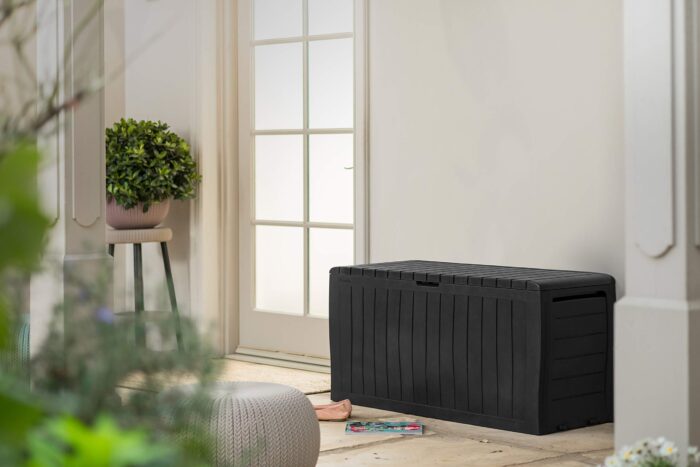 Keter Marvel+ 270L Outdoor 65% recycled Garden Furniture Storage Box Graphite Wood Panel Effect | Fade Free | All Weather Resistant 2 year Warranty