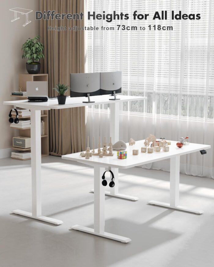 Devoko Electric Standing Desk 120x60cm Sit Stand Table Height Adjustable with Backpack Hook and Memory Smart Pannel, Home Office, White