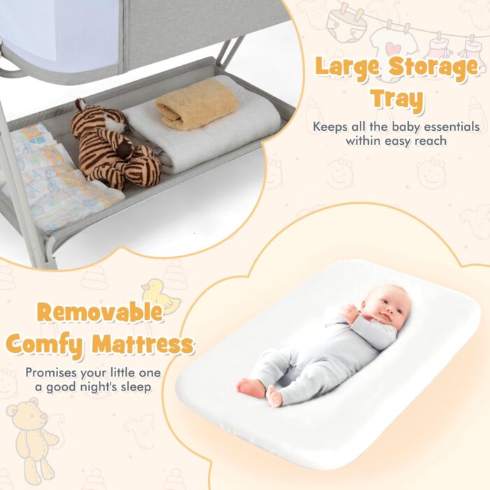 COSTWAY Baby Bedside Crib, Easy Folding Cot Bed with Mattress, All-Side Mesh, Storage Shelf and Travel Bag, Sleeper for Birth to 9kg (Light Grey)