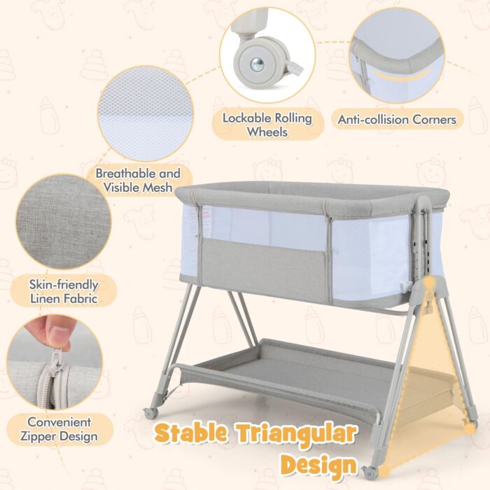 COSTWAY Baby Bedside Crib, Easy Folding Cot Bed with Mattress, All-Side Mesh, Storage Shelf and Travel Bag, Sleeper for Birth to 9kg (Light Grey)