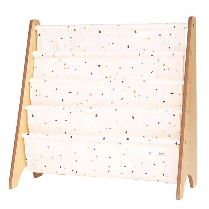 3 Sprouts Recycled Fabric Kids Bookshelf – 4-Tier Sling Book Rack Storage - Bookcase Display Shelf for Toddler, Children Age 3+ - Terrazzo Cream
