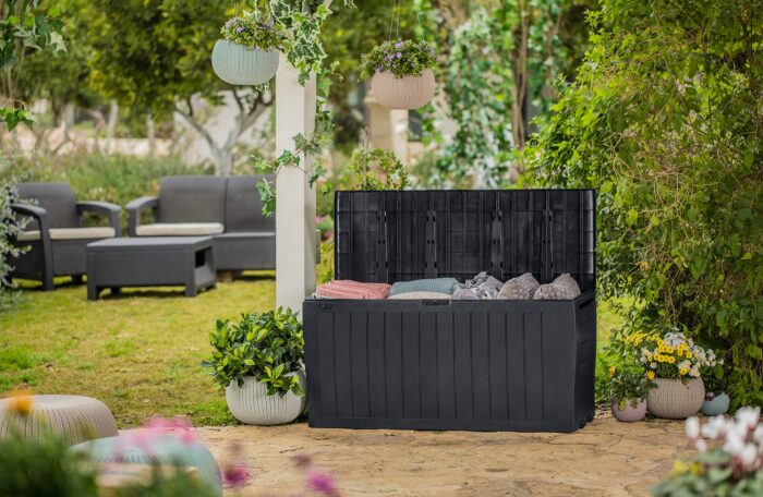 Keter Marvel+ 270L Outdoor 65% recycled Garden Furniture Storage Box Graphite Wood Panel Effect | Fade Free | All Weather Resistant 2 year Warranty