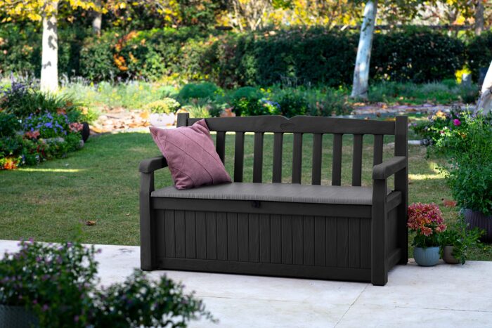 Keter Eden Bench 265L Outdoor 60% recycled Garden Furniture Storage Box GraphiteLight Grey Safe and Secure Zero Maintenance 2 year Warranty