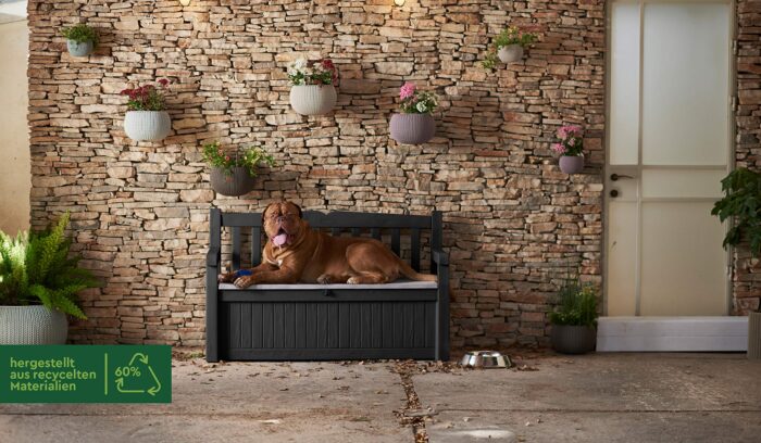 Keter Eden Bench 265L Outdoor 60% recycled Garden Furniture Storage Box GraphiteLight Grey Safe and Secure Zero Maintenance 2 year Warranty