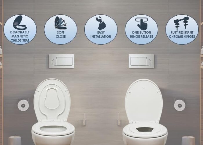 Premium Thermoplastic Family Toilet Seat Soft Close Hard-Wearing Seat with One Button Hinge Release, Easy to Clean and Install with Universal Fittings, (Family Seat)