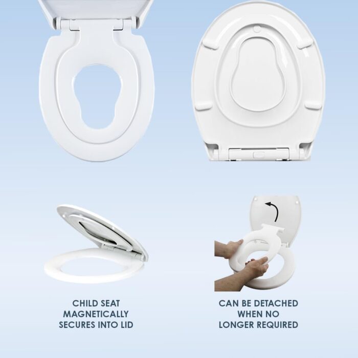 Premium Thermoplastic Family Toilet Seat Soft Close Hard-Wearing Seat with One Button Hinge Release, Easy to Clean and Install with Universal Fittings, (Family Seat)