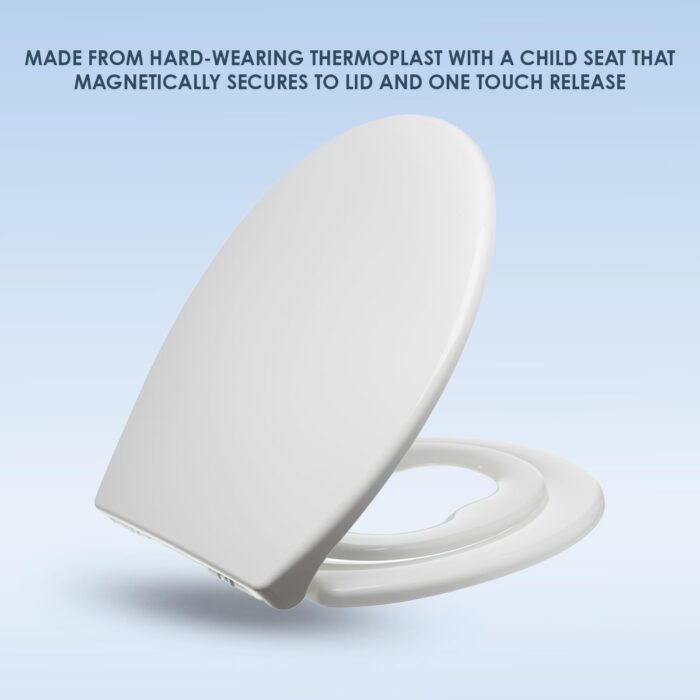 Premium Thermoplastic Family Toilet Seat Soft Close Hard-Wearing Seat with One Button Hinge Release, Easy to Clean and Install with Universal Fittings, (Family Seat)